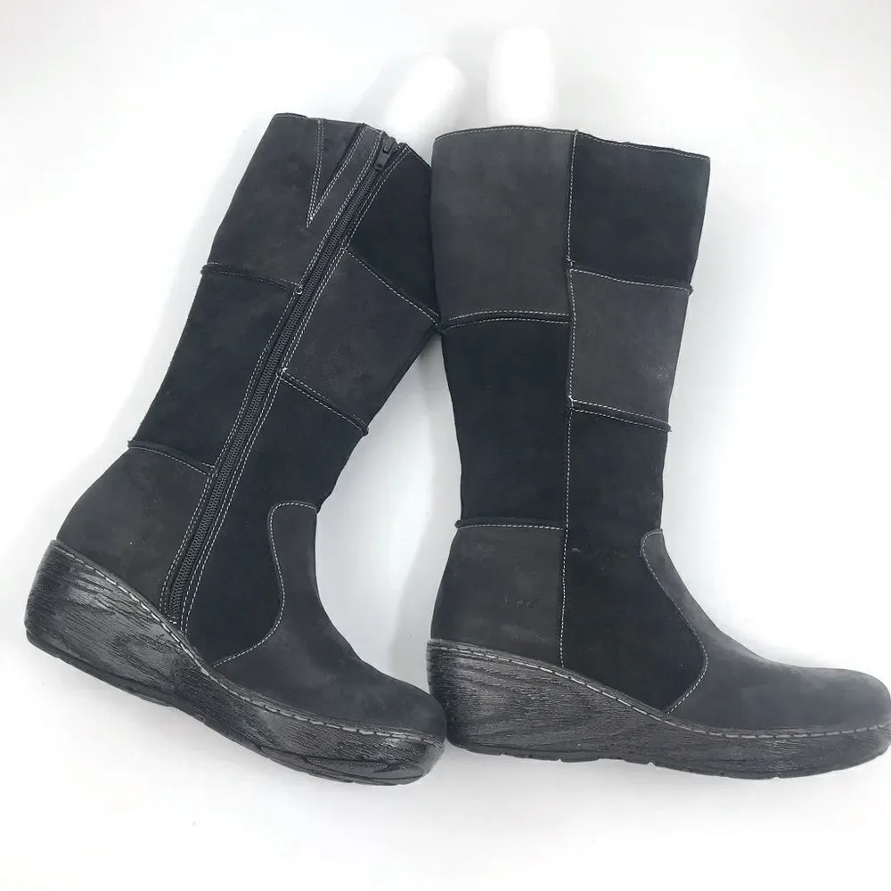 B.O.C. Black Suede Leather Patchwork Side Zip Wedge Heel Tall Boots